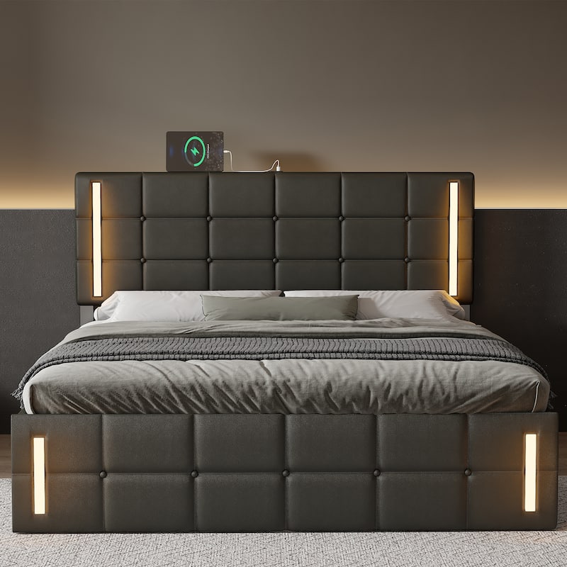 Queen Size Upholstered Bed with LED Lights,Hydraulic Storage System and