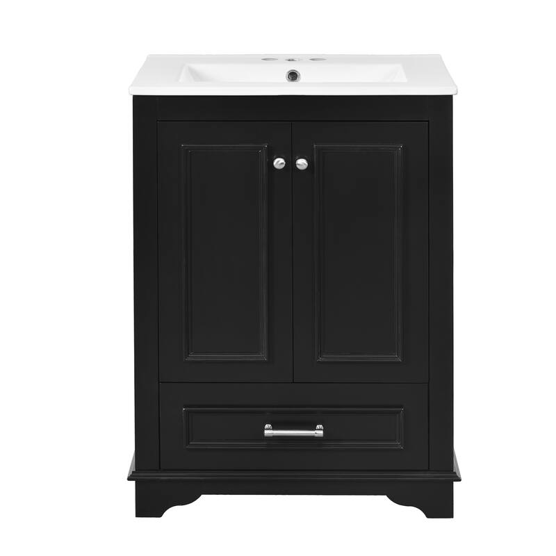 Roomfitters 24" Vanity with Ceramic Sink, Freestanding Cabinet with Silver Handles and Soft Closing Doors