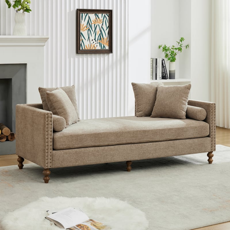75.2"Wide Upholstered Chaise Lounge with Nailheads, Sleeper Sofa Couch With 4 Throw Pillows & 2 Bolsters, Rubberwood Legs
