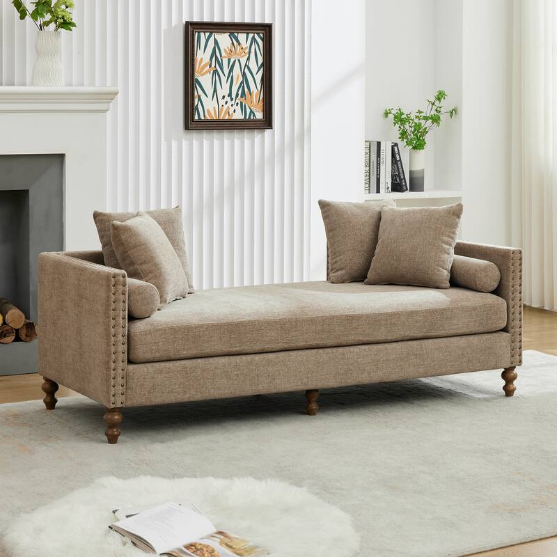 Roomfitters 75.2" Upholstered Chaise Lounge with Nailheads, Chenille Daybed Sleeper Sofa with 6 Pillows