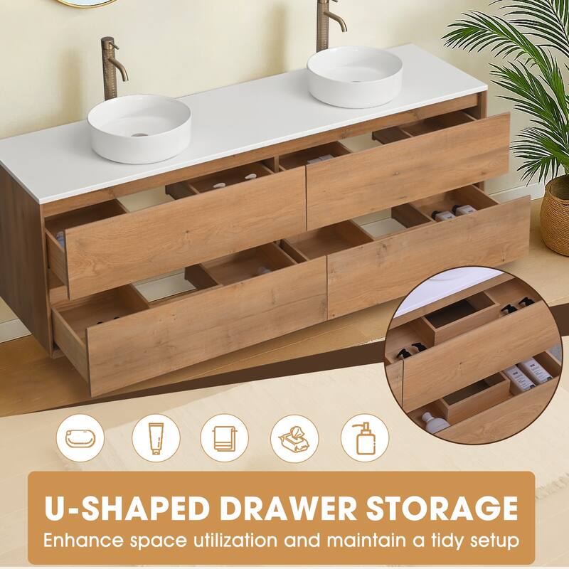 72" Floating Bathroom Vanity Quartz Counter Top with Double Ceramic Vessel Sink - Square Sink