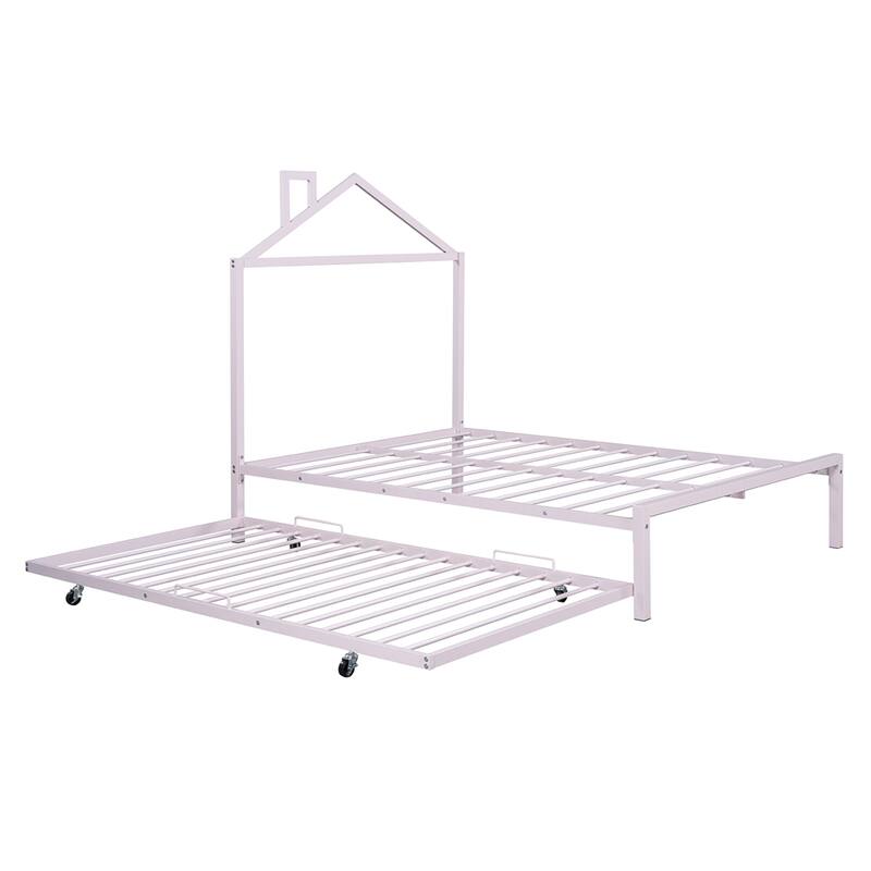 Full Size House Shaped Metal Platform Bed with Trundle