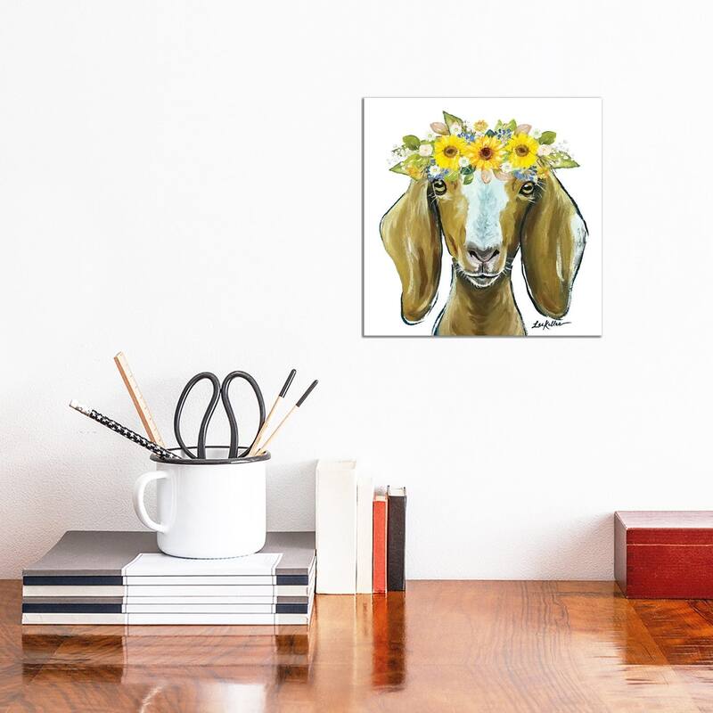 iCanvas "Madge The Goat With Sunflowers Flower Crown" by Hippie Hound Studios Canvas Print - 12x12x0.75