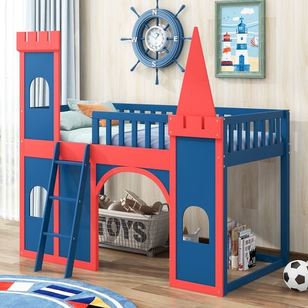 slide 2 of 9, Twin Size Castle Shaped High Quality Pinewood Loft Bed with Underbed Storage Space and Side Rails Red