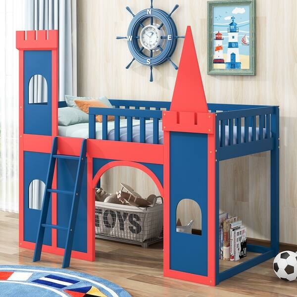 Twin Size Castle Shaped Loft Bed Fence Shaped Guardrail Bed with
