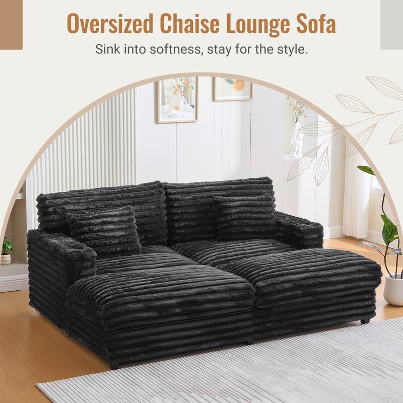 Oversized Double Chaise Lounge Sofa, Living Room 2 Seater Sofa Upholstered Sleeper Sofa Bed Daybed with USB Ports & Cup Holders - Black