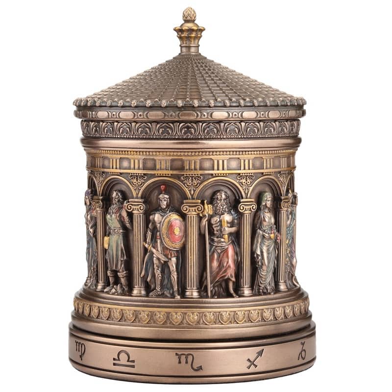 6.5 inches Height Cold Cast Bronze Greek Pantheon Zodiac Rotunda Rotating Trinket Box Bronze Finish Figurine