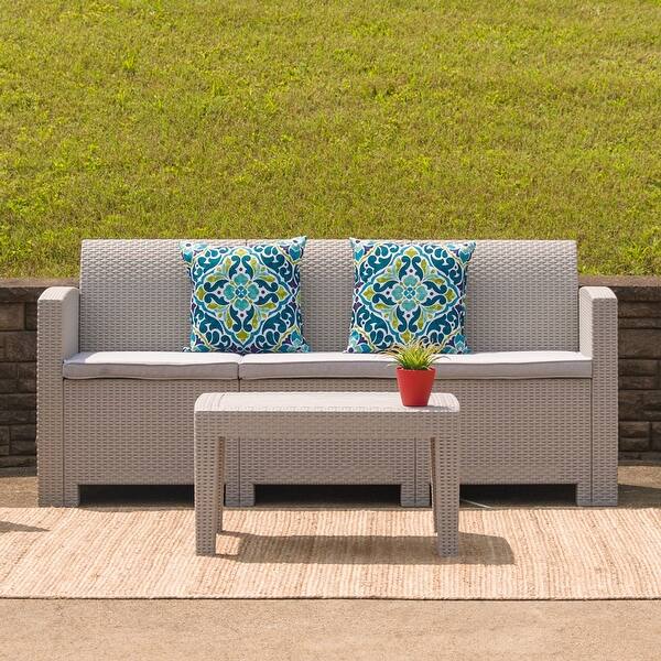 Faux Rattan Sofa With All Weather Cushions Overstock 17432744
