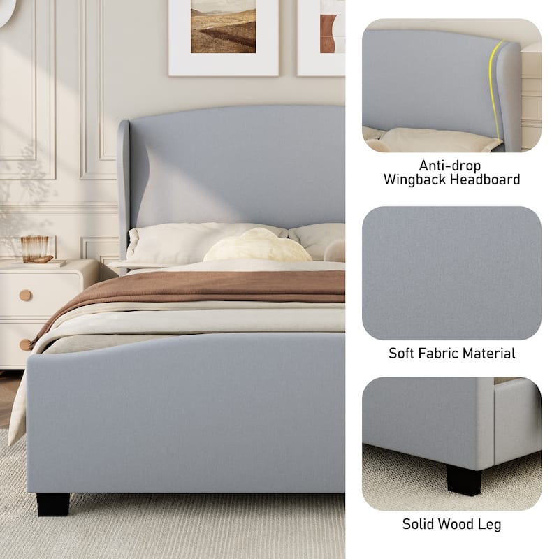 Full/Queen/King Upholstered Platform Bed Frame with 51" Wingback Headboard, Solid Wood Legs & Linen Fabric, No Box Spring Needed