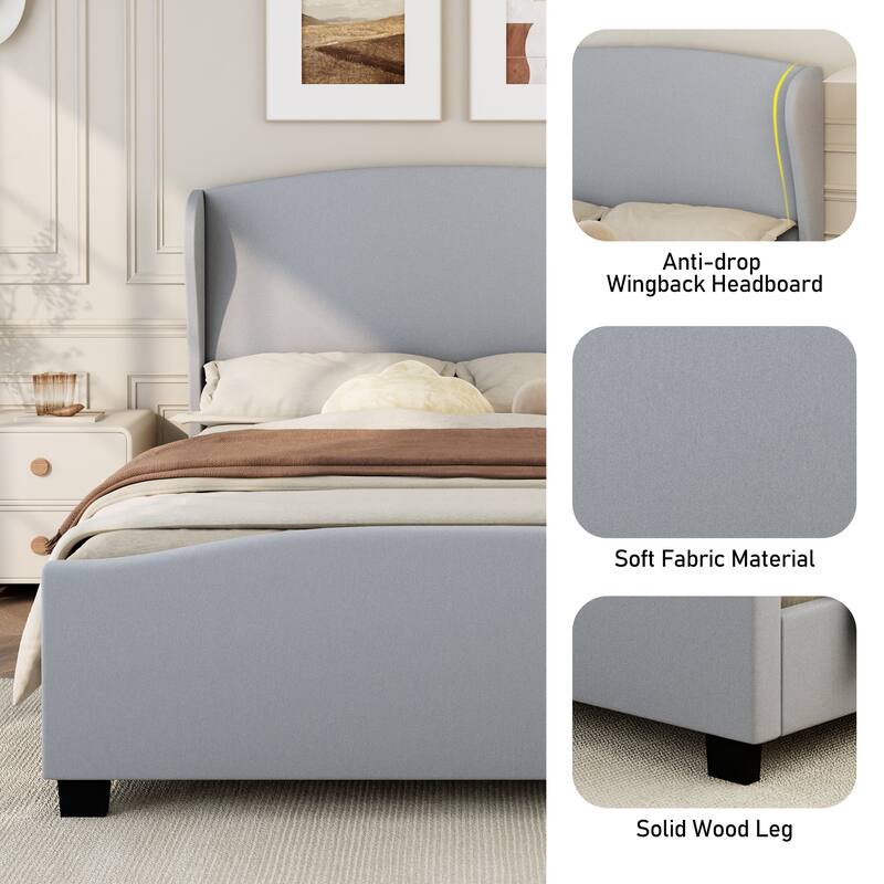 Roomfitters Full/Queen/King Size Upholstered Bed, Wingback Linen Frame, 51" High Headboard, No Box Spring Needed