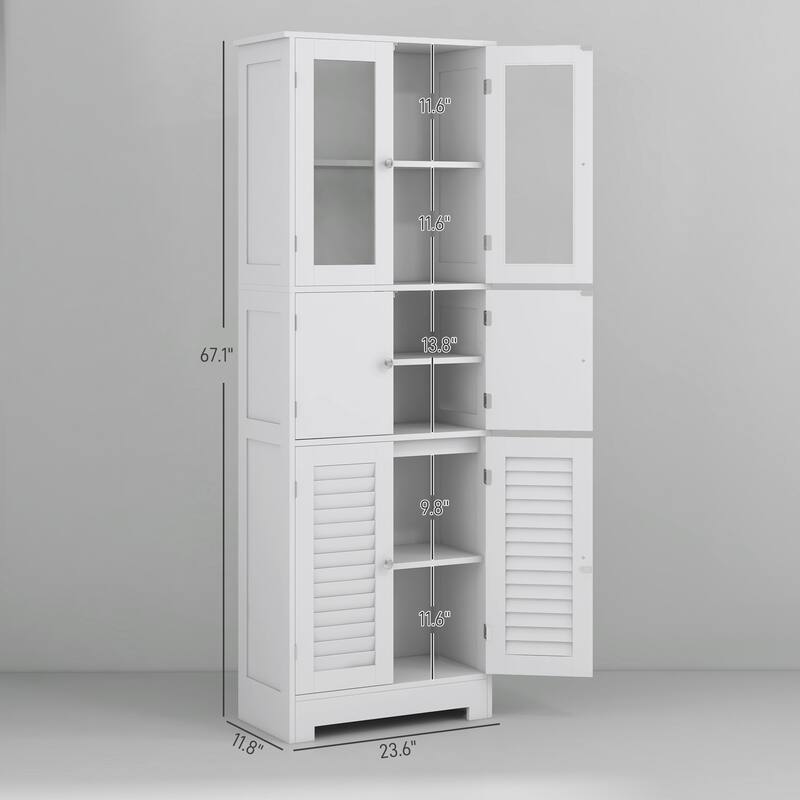 White MDF Tall Bathroom Cabinet with Triple Doors and Adjustable Shelf - 23.6" W x 11.8" D x 67.1" H