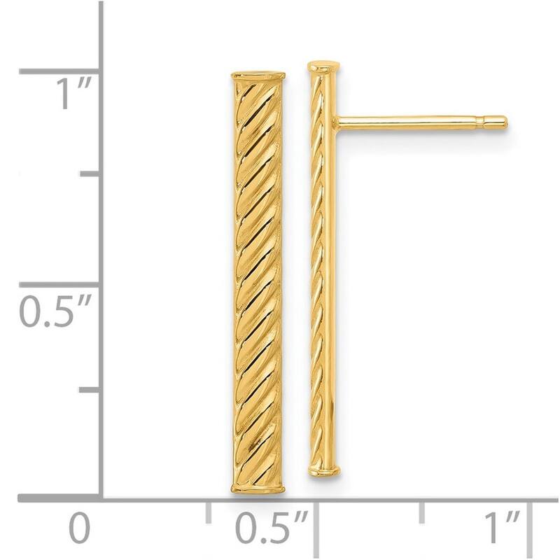 Curata 14k Yellow Gold Polished and Textured Bar Post Earrings - 25.47x2.91mm