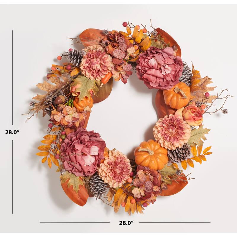 SAFAVIEH Lilea Faux 28 Inch Peony & Pumpkin Wreath with Pine Cones - 28" W x 28" D x 8" H - 28Wx28Dx8H