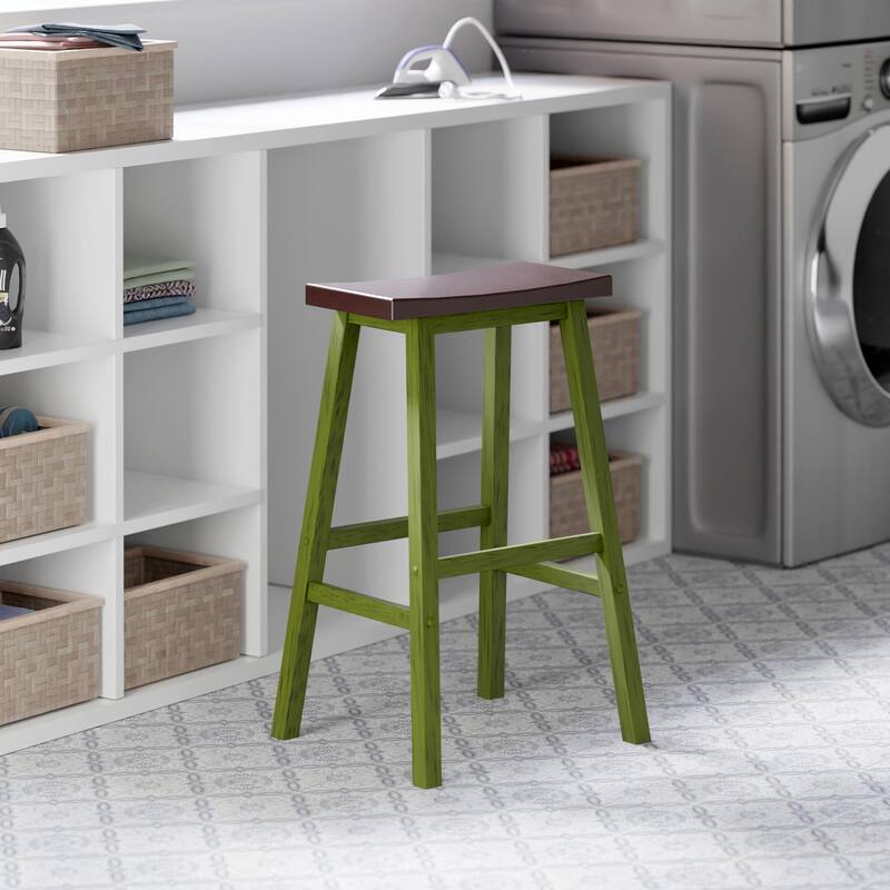 Satori Saddle Seat 29" Counter Stool, Rustic Green and Walnut - N/A