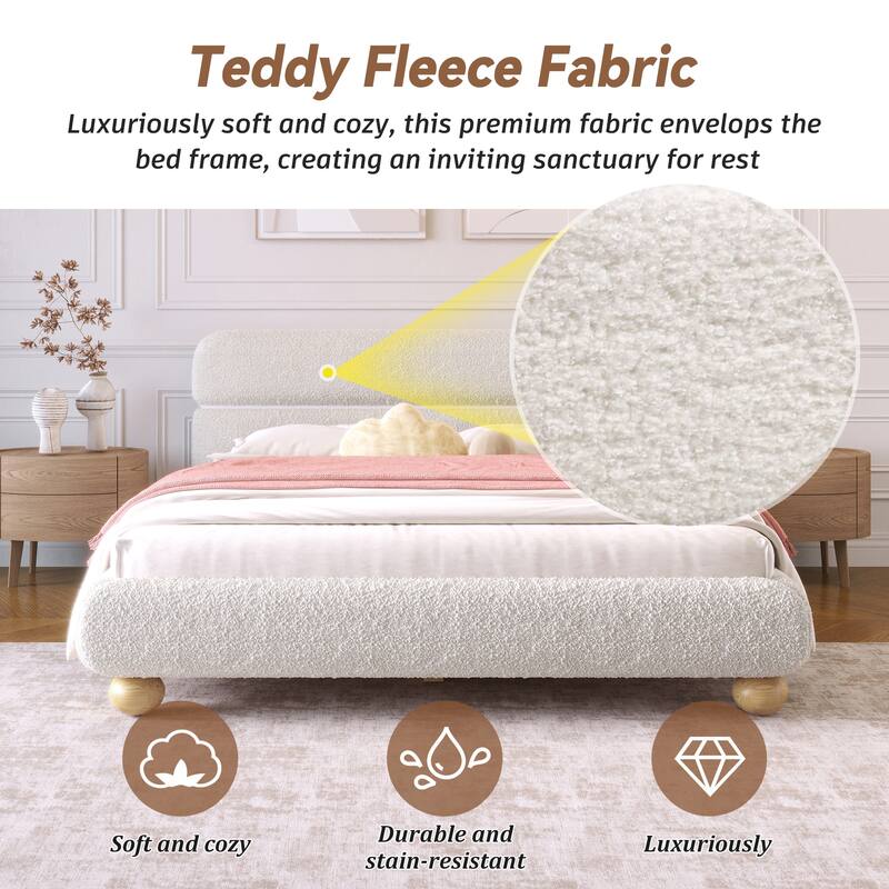 Contemporary Low Profile Upholstered Bed with Teddy Fleece Fabric