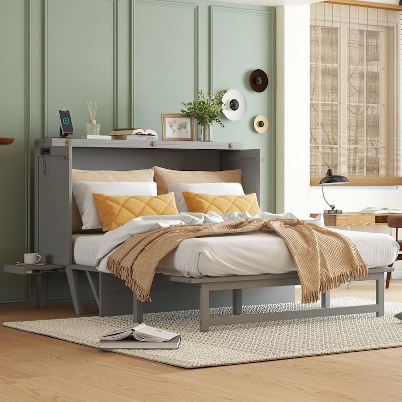 Queen Size Murphy Bed with USB Port and Removable Shelves on Each Side, Solid Pine Murphy Cabinet Bed for Home Office - Grey