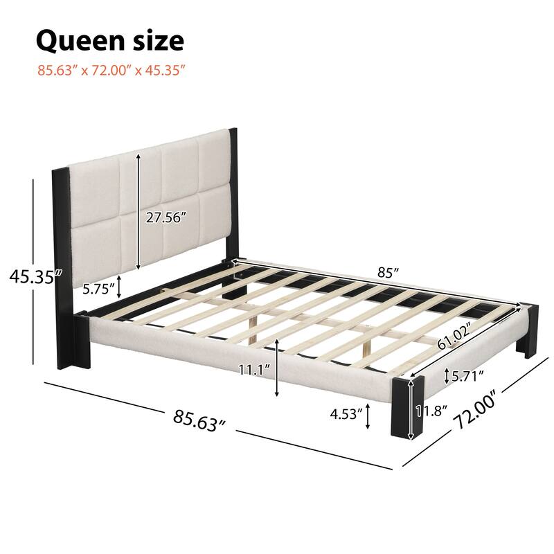 Roomfitters Queen Boucle Platform Bed Frame with Square-Stitched Headboard, Upholstered Mid-Century Modern Mattress Base, Beige