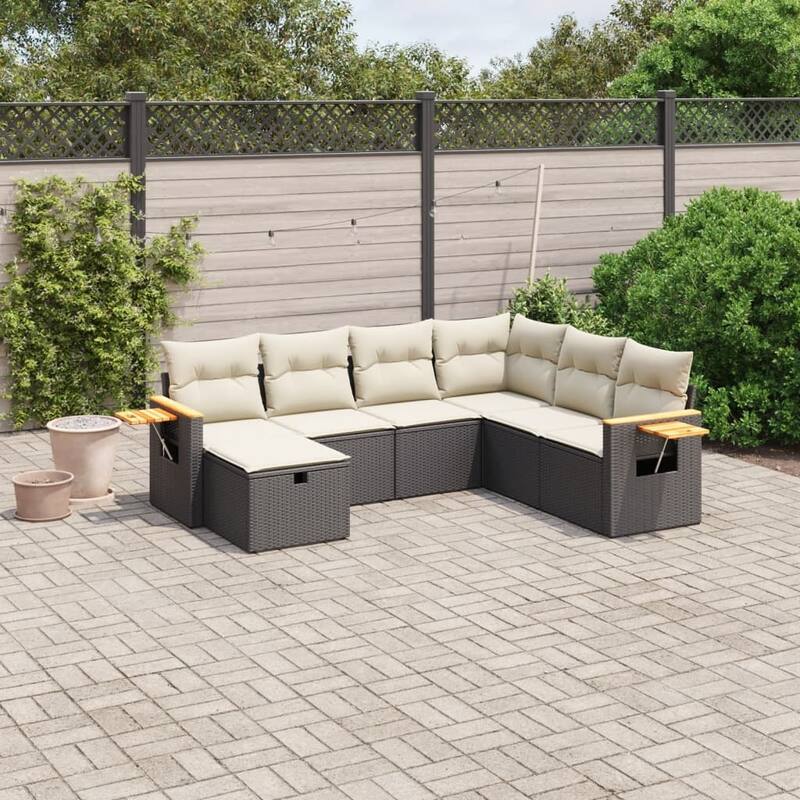 vidaXL Patio Sofa Set with Cushions Outdoor Conversation Furniture Poly Rattan - Black and cream without table - 24.4 x 24.4 x 27.2 in