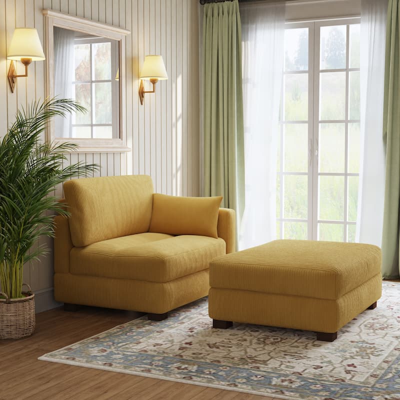 Modern Corduroy Upholstered Sectional Chaise Lounge with Ottoman