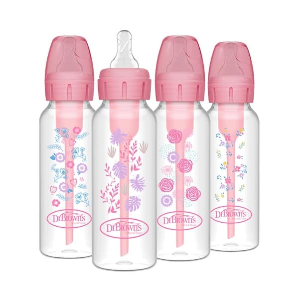 slide 2 of 2, Dr. Brown's Anti-Colic Options+ Narrow Baby Bottle, Pink Floral, 8 oz/250 mL, with Level 1 Slow Flow Nipple, 0m+, 4-Pack Pink