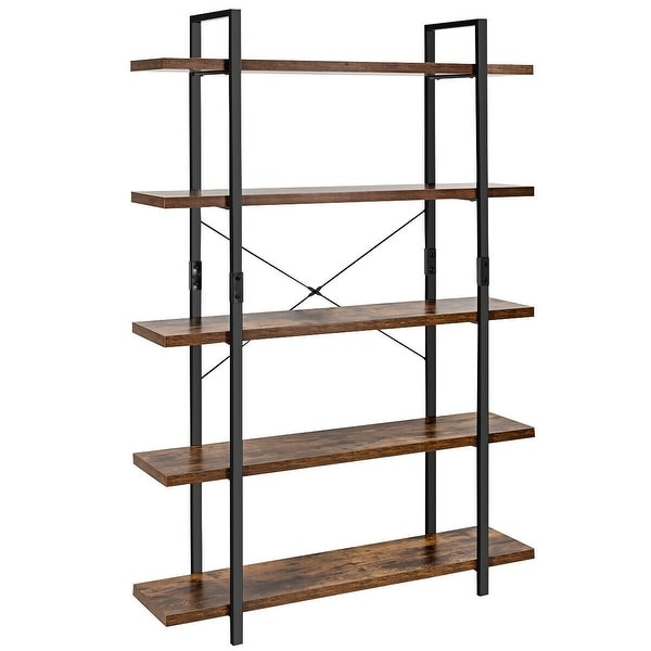 5 Tier Industrial Bookshelf with Iron Frame and Vintage Wood