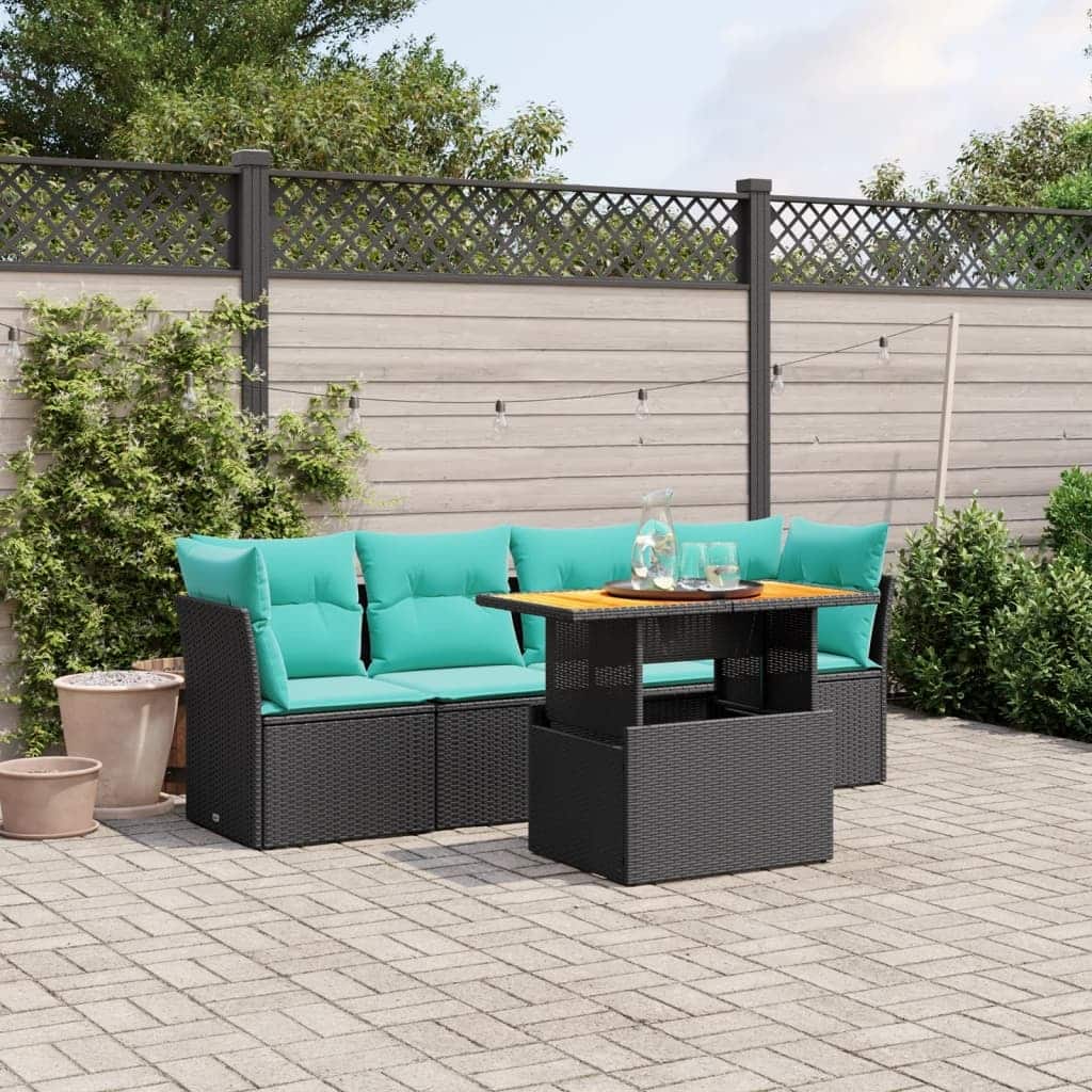 vidaXL 5 Piece Patio Sofa Set with Cushions Black Poly Rattan - 24.4 x 24.4 x 27.2