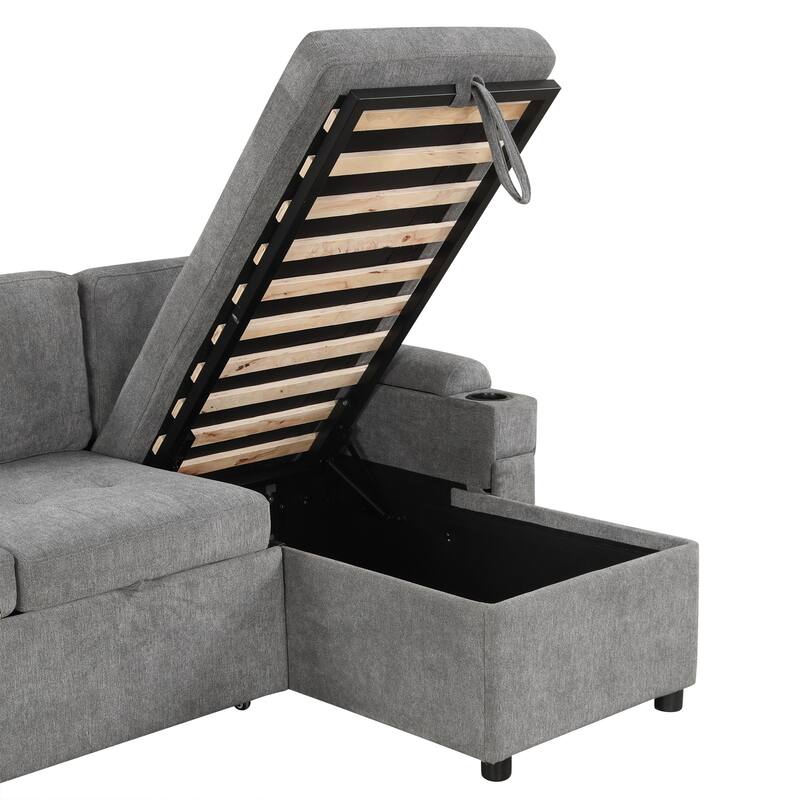 83.5" Chenille L-Shaped Sectional Sofa with Convertible Sofa Bed, Storage Chaise, Cup Holders & USB Ports
