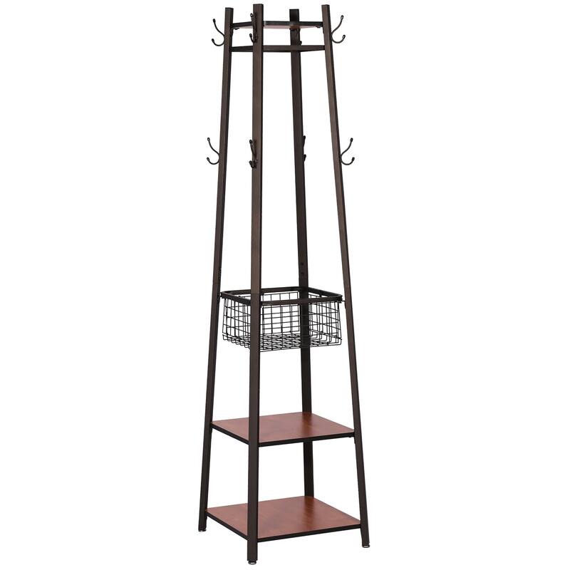 VECELO 72" Industrial Brown Coat Rack with Shelves Multi-functional Space Saving Storage Stand for Entryway Living Room