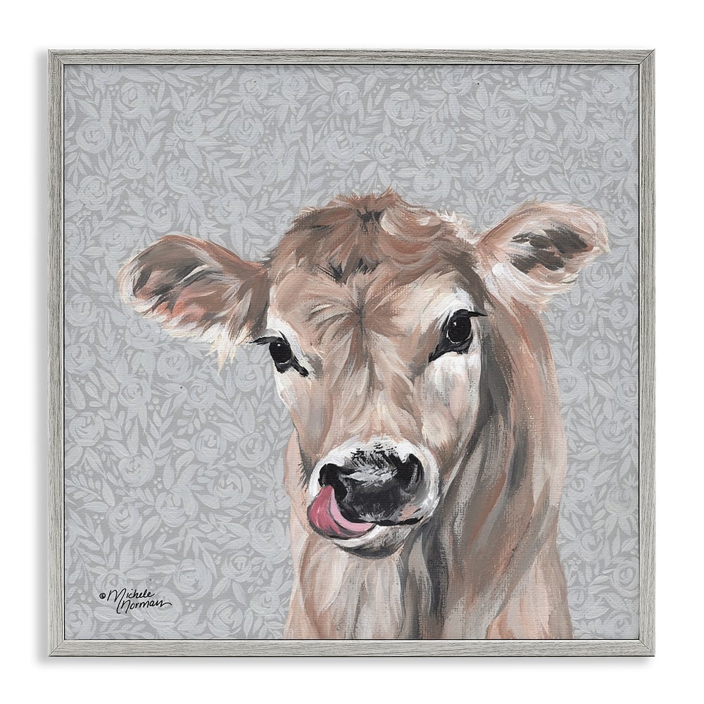 Stupell Young Calf Portrait Floral Pattern Farm Animal Framed Wall Art