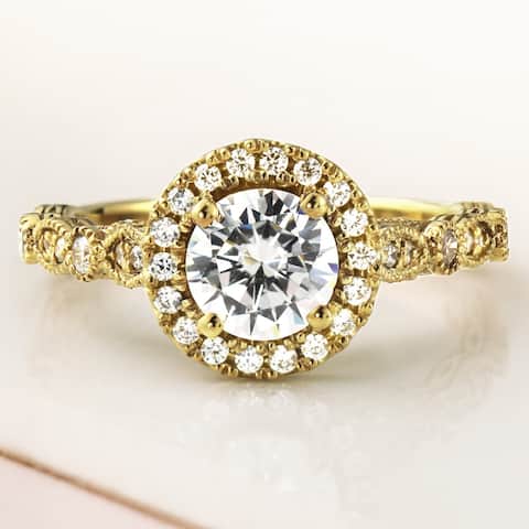 Auriya 14k Gold Vintage 2ct Moissanite Halo Diamond Engagement Ring 1/3ctw