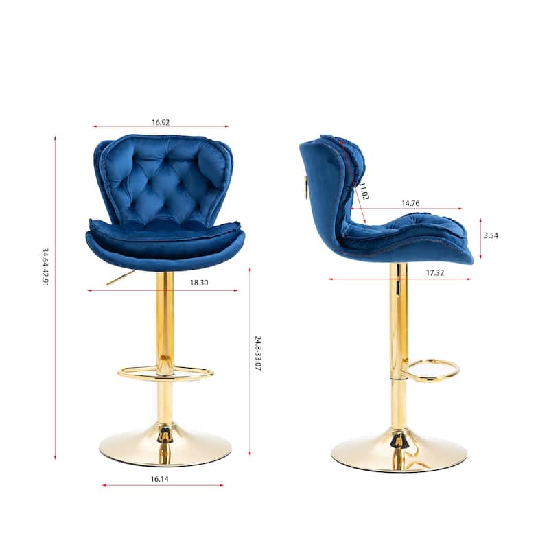Swivel Height Adjustable Velvet Bar Stools Set of 2,with Golden Footrest and Base