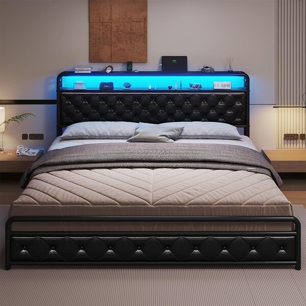 Bed Frame LED Light Headboard Platform Bed Frame Faux