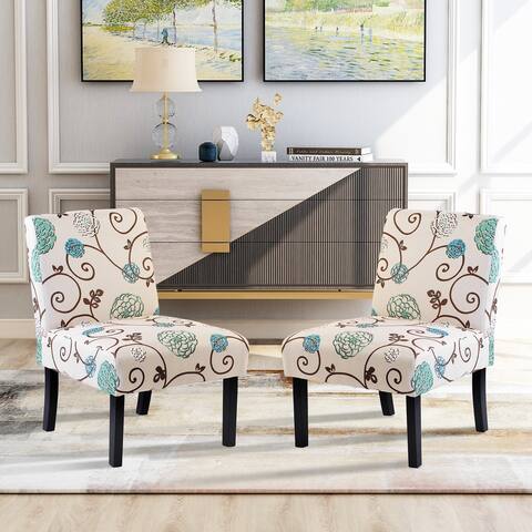 Beige Floral Print Armless Chairs (Set of 2)