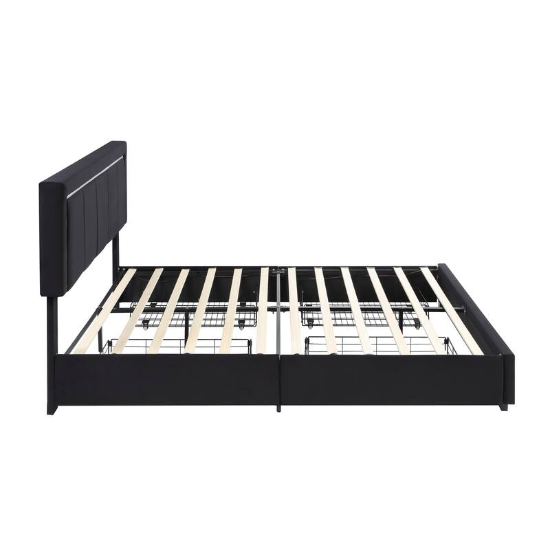 Upholstered Queen Size Platform Bed with LED Lights, Storage Bed with 4