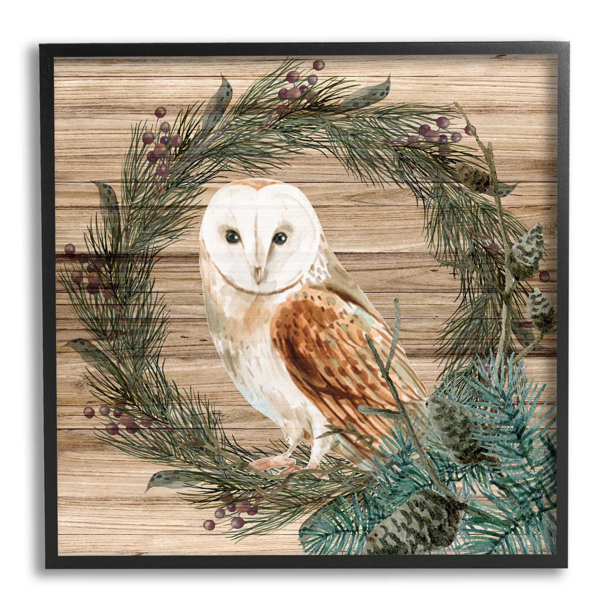 Stupell Rustic Owl on Pine Wreath Framed Giclee Art Design by Kim Allen