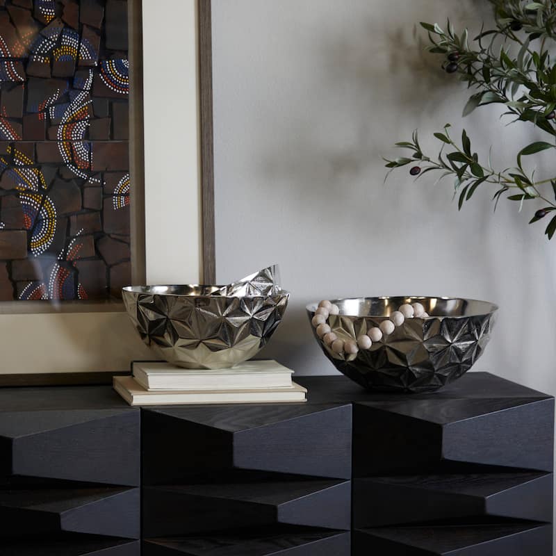 Aluminum Faceted Decorative Bowl (Set of 3) - S/3 14", 12", 10"W - Silver