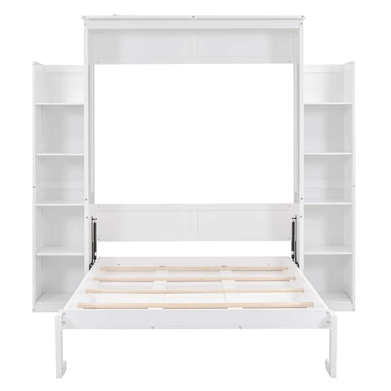 Full Size Murphy Bed Wall Bed with Shelves and LED Lights,Gray