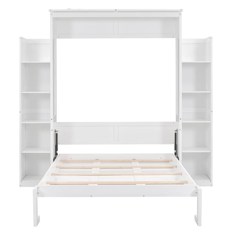 Murphy Bed with Storage and LED Lighting, Full/Queen Size Wall Bed Cabinet, Foldable Space-Saving Bed for Apartments