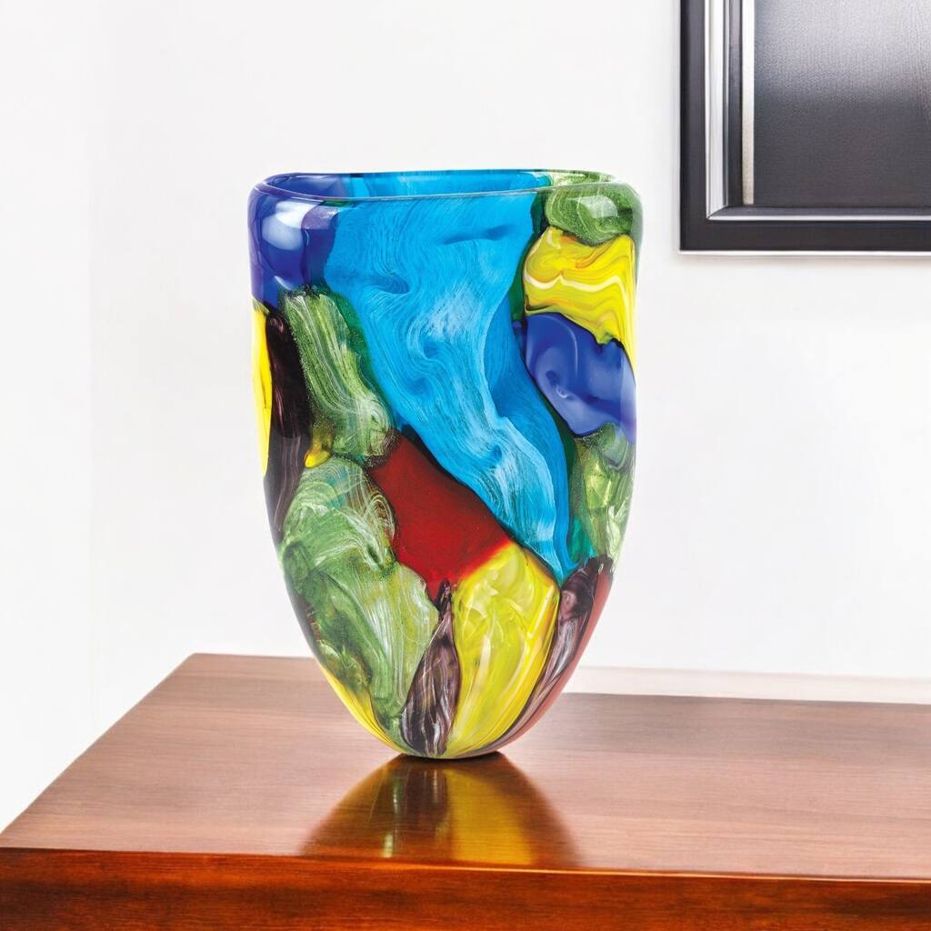 HomeRoots 11" Blue Green Red And Yellow Cylinder Murano Glass Table Vase