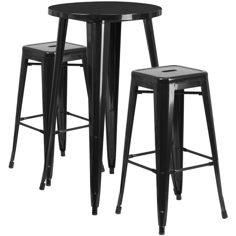 24'' Round Metal Indoor-Outdoor Bar Table Set with 2 Square Seat Backless Stools - Black
