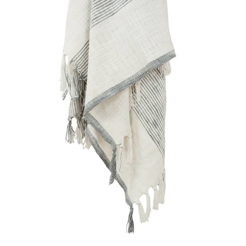 HomeRoots 50" X 60" Gray And Ivory Cotton Woven Striped Throw Blanket with Fringe