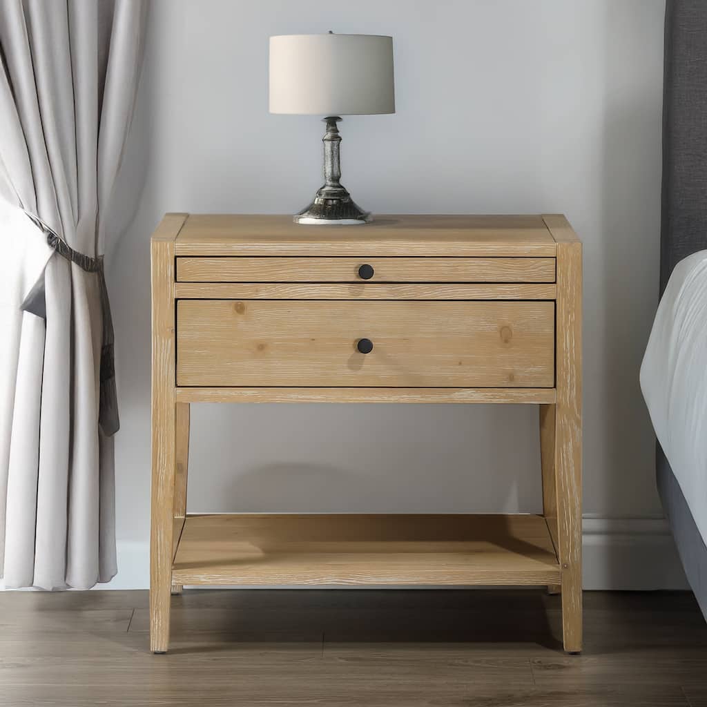 Natural Finish Nightstand with Pull-Out Tray and Open Shelf