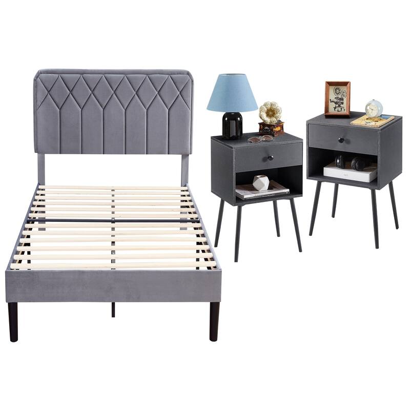 VECELO 3-Pieces Upholstered Platform Bed Frame with Adjustable Headboard and Nightstands Set of 2, Grey