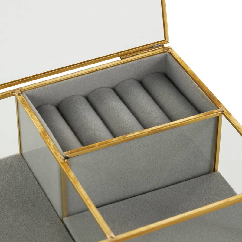 Clear Glass Jewelry Box with Gold Metal Frame and Gray Fabric Interior with Ring Slots