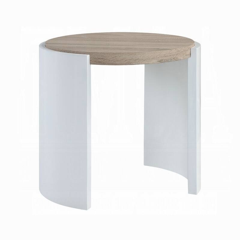 Romani Side End Table, White High Gloss Wood, Brown Top, Oval 26 Inch