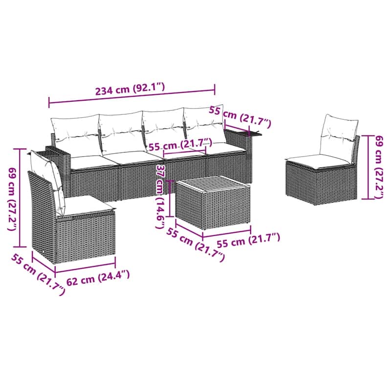 vidaXL Garden Sofa Set PE rattan 7-seater Foldable - 21.7 x 21.7 x 14.6 in (W x L x H)