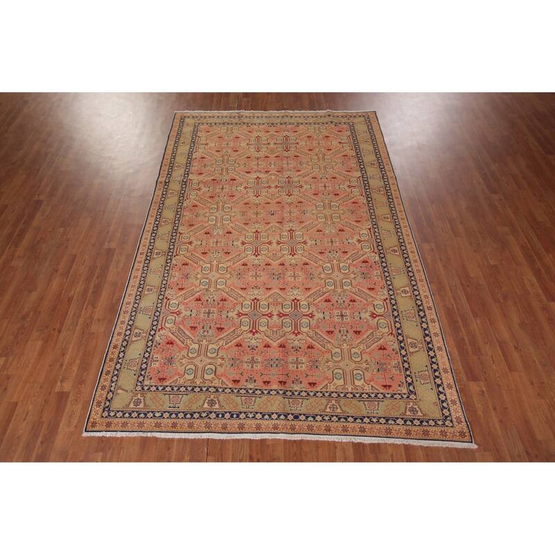 Pink Geometric Anatolian Turkish Vintage Area Rug Handmade Wool Carpet - 6'5" X 9'9"