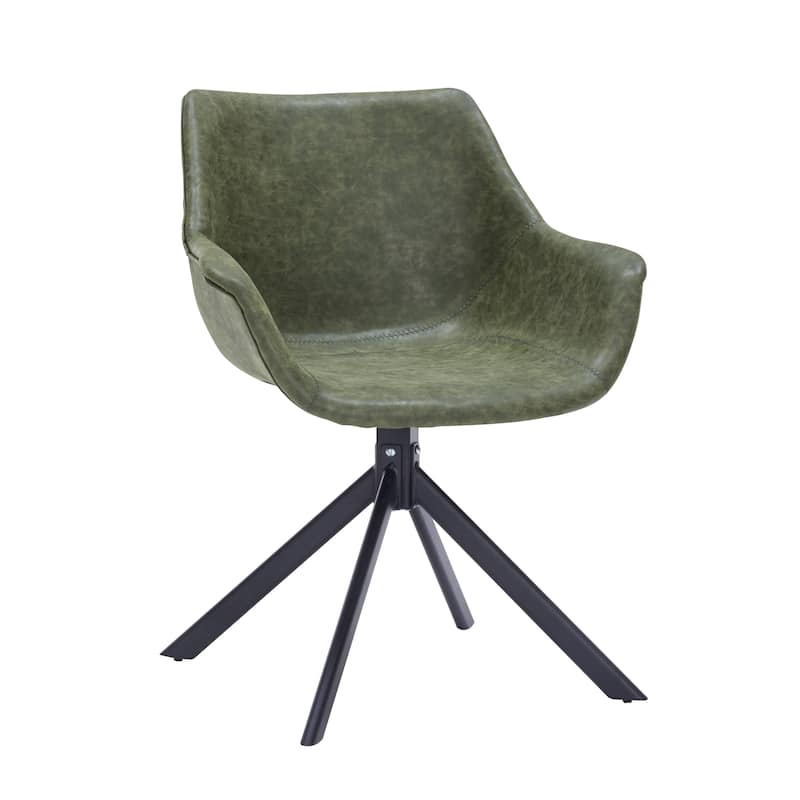 Markley Modern Swivel Dining Chair with Distressed Leather Upholstery, Ergonomic Back, and Black Metal Legs for Home or Office - Green