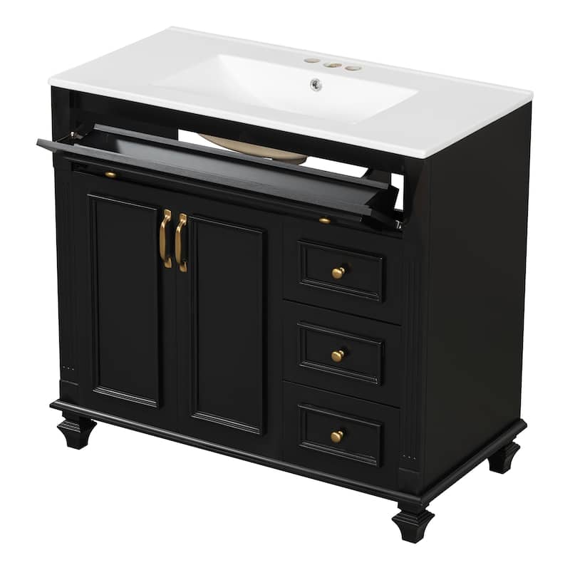Roomfitters 36" Bathroom Vanity with Sink, Flip-Out Drawer, 3 Drawers, Soft-Close Doors, Solid Wood Cabinet