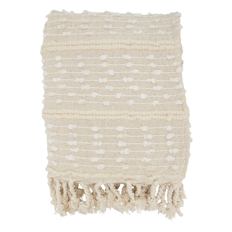 Earthy Woven Stripe Woven Fringe Throw Blanket - Ivory